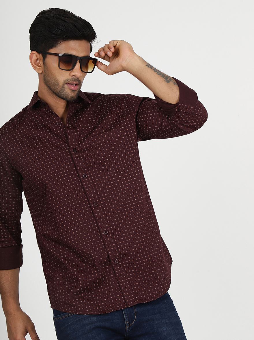 Wine Printed Slim Fit Semi Casual Shirt | JadeBlue