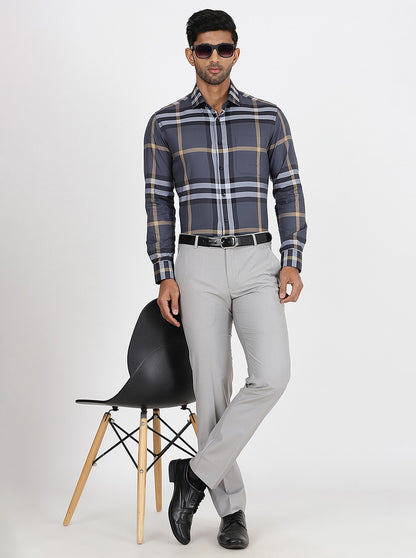 Dark Grey Checked Slim Fit Formal Shirt | Metal