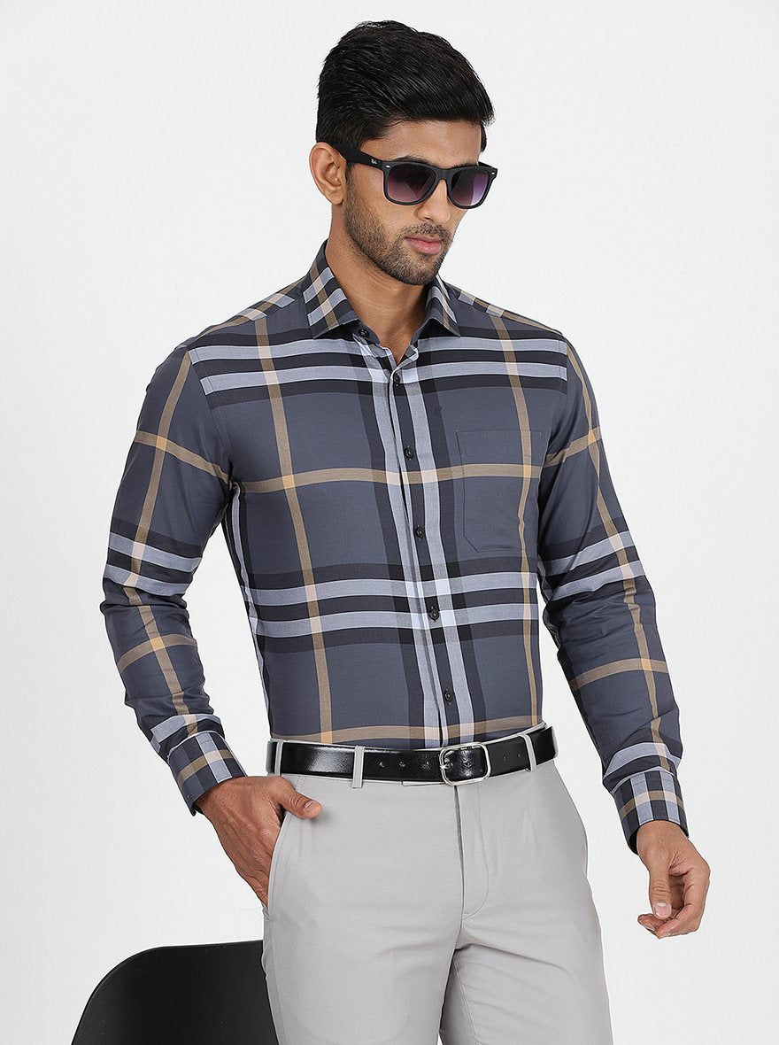 Dark Grey Checked Slim Fit Formal Shirt | Metal