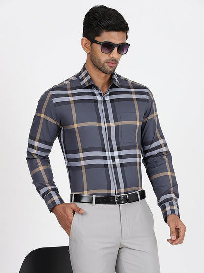 Dark Grey Checked Slim Fit Formal Shirt | Metal