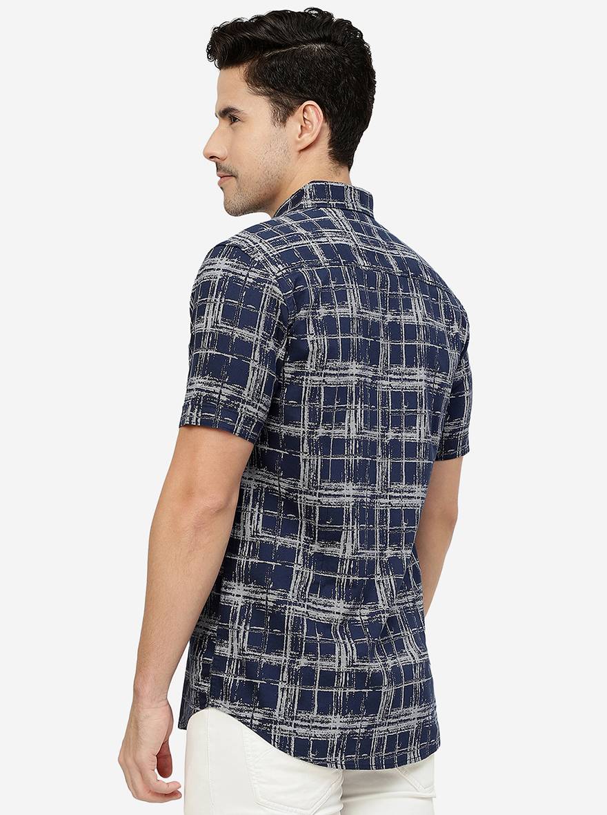 Navy Blue Printed Slim Fit Casual Shirt | JadeBlue