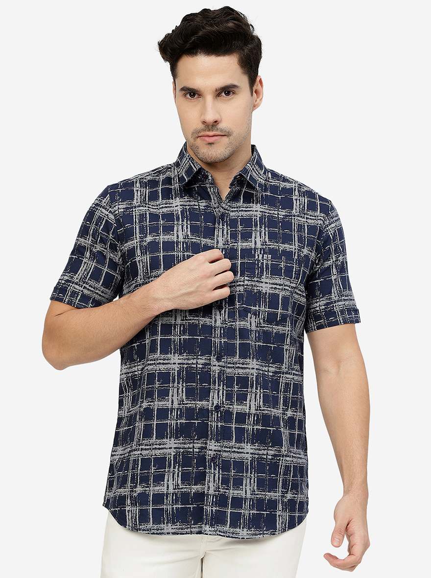 Navy Blue Printed Slim Fit Casual Shirt | JadeBlue