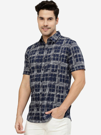 Navy Blue Printed Slim Fit Casual Shirt | JadeBlue