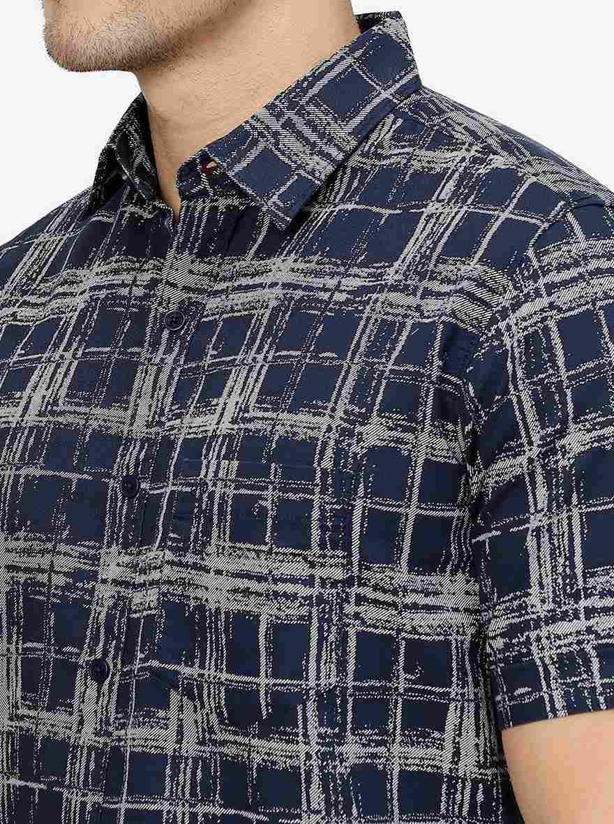 Navy Blue Printed Slim Fit Casual Shirt | JadeBlue