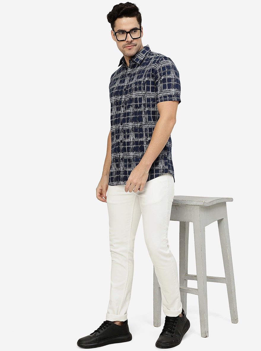 Navy Blue Printed Slim Fit Casual Shirt | JadeBlue