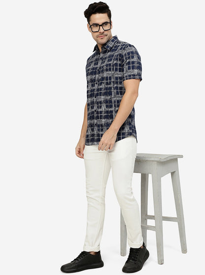 Navy Blue Printed Slim Fit Casual Shirt | JadeBlue