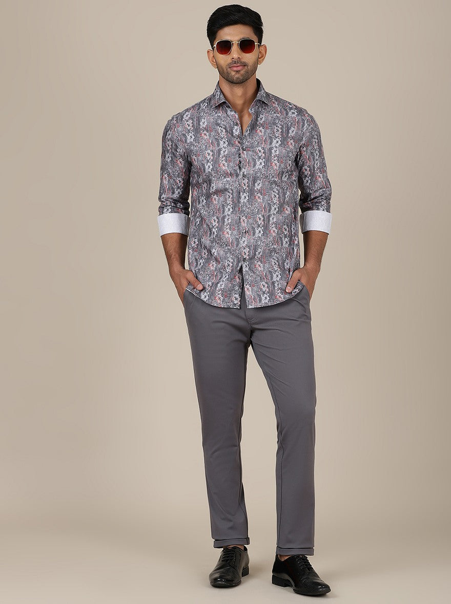 Dark Grey Printed Slim Fit Party Wear Shirt | Wyre