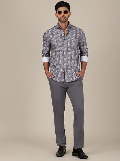 Dark Grey Printed Slim Fit Party Wear Shirt | Wyre