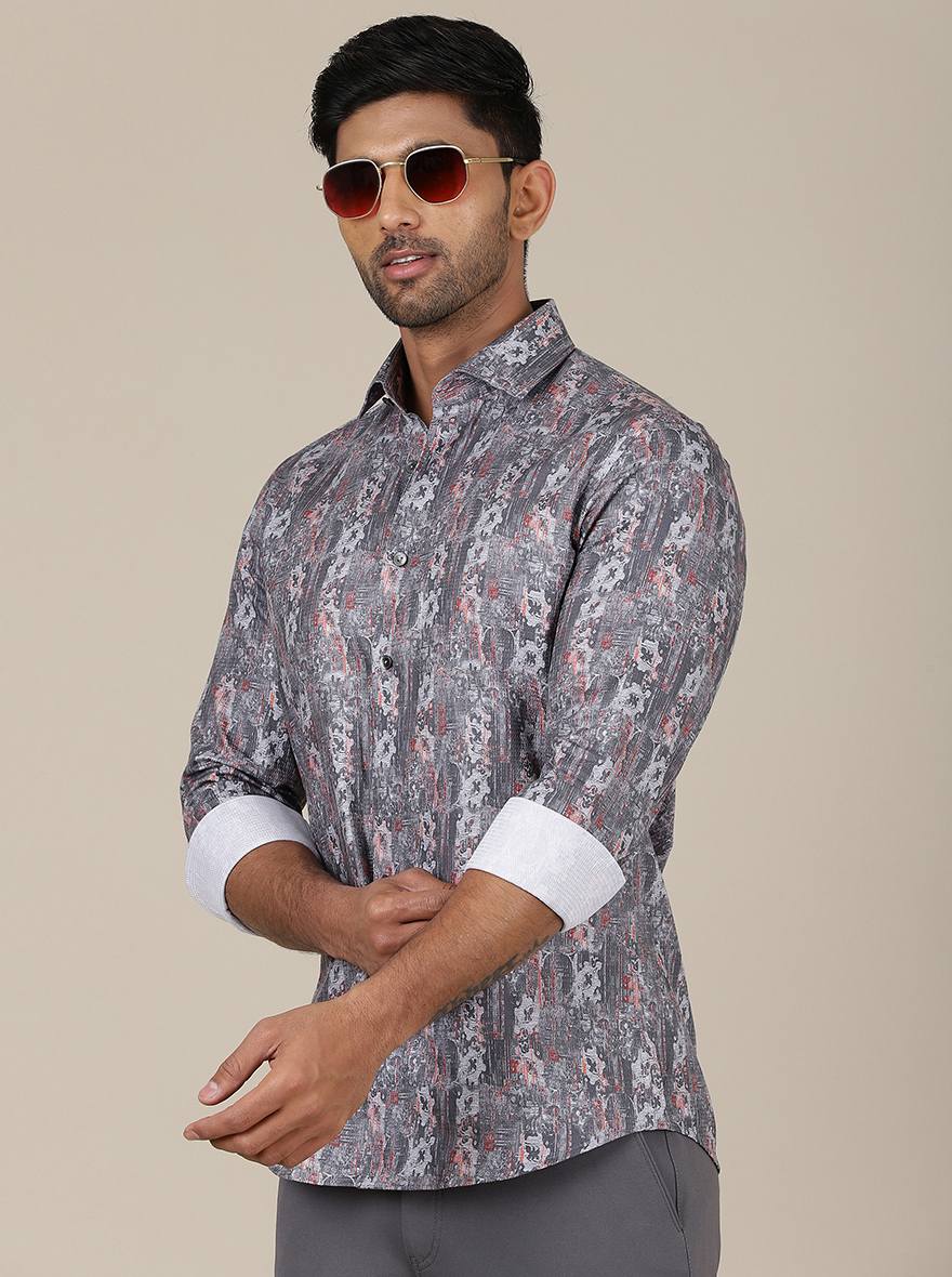 Dark Grey Printed Slim Fit Party Wear Shirt | Wyre