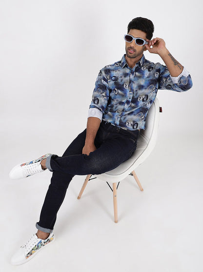 Blue Printed Slim Fit Casual Shirt | JadeBlue