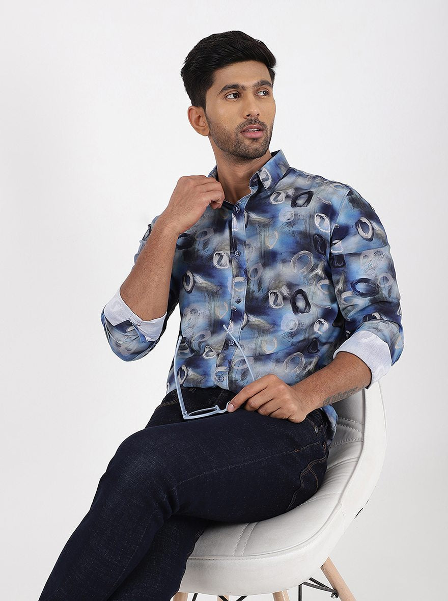 Blue Printed Slim Fit Casual Shirt | JadeBlue