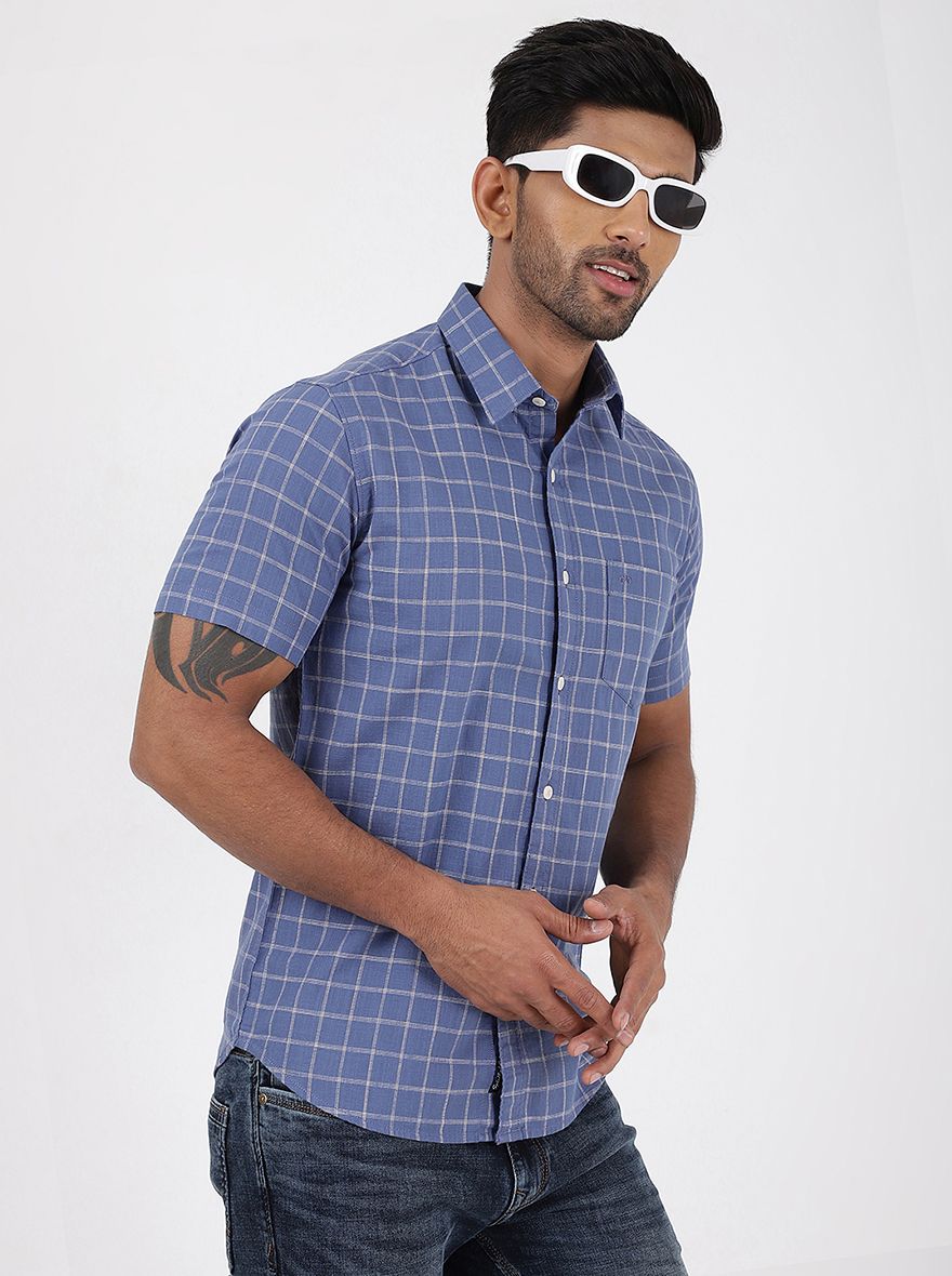 Blue Checked Slim Fit Casual Shirt | JadeBlue