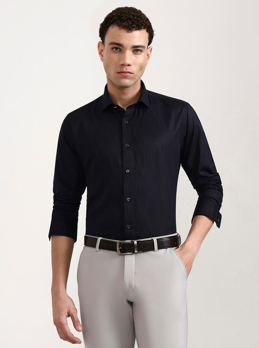 Navy Blue Solid Slim Fit Party Wear Shirt | Greenfibre