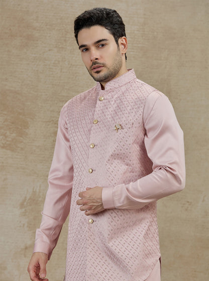 Onion Pink Embroidered Kurta Pajama with Koti | Virasana