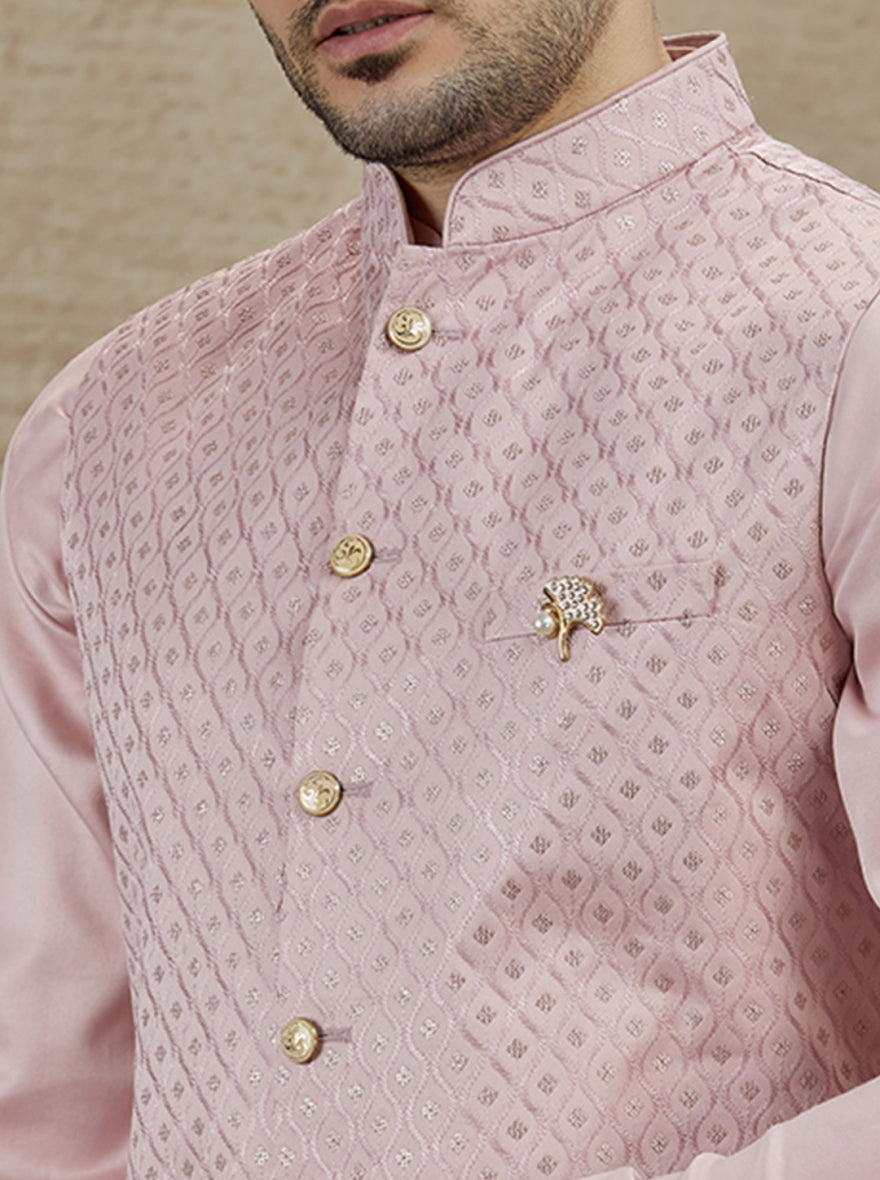 Onion Pink Embroidered Kurta Pajama with Koti | Virasana