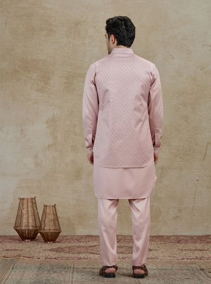 Onion Pink Embroidered Kurta Pajama with Koti | Virasana