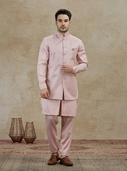 Onion Pink Embroidered Kurta Pajama with Koti | Virasana