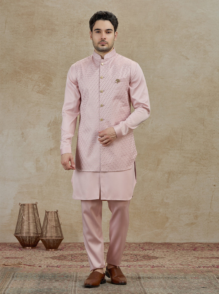 Onion Pink Embroidered Kurta Pajama with Koti | Virasana