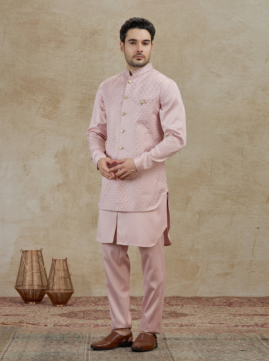 Onion Pink Embroidered Kurta Pajama with Koti | Virasana