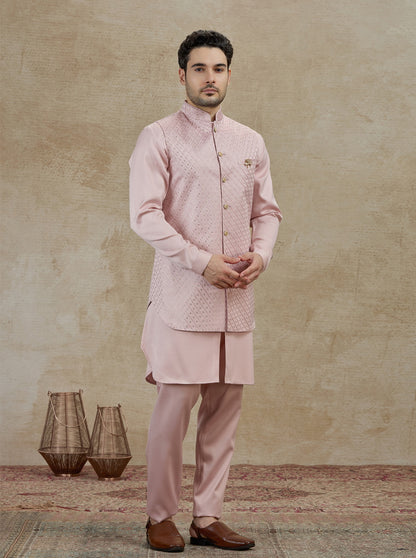 Onion Pink Embroidered Kurta Pajama with Koti | Virasana