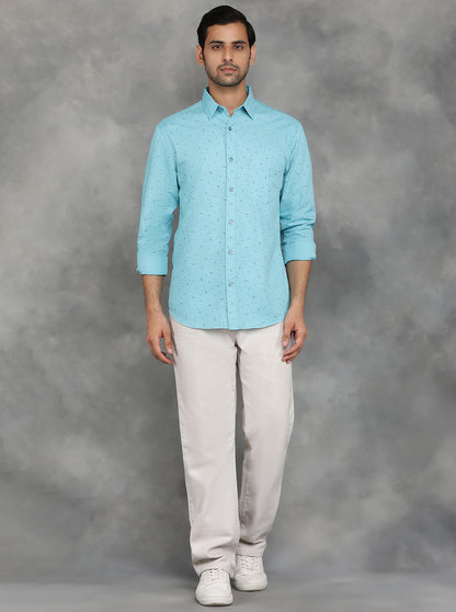 Light Blue Printed Slim Fit Casual Shirt | GreenFibre