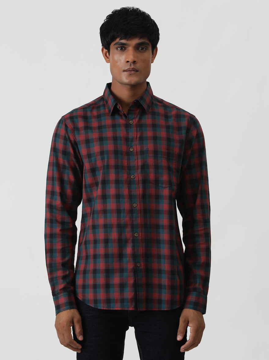 Blue Checked Slim Fit Casual Shirt | Greenfibre