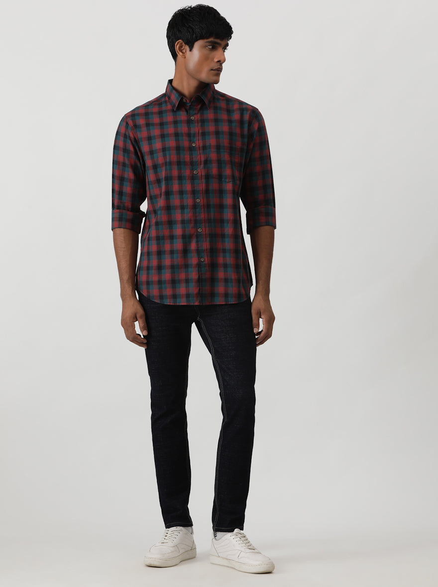 Blue Checked Slim Fit Casual Shirt | Greenfibre