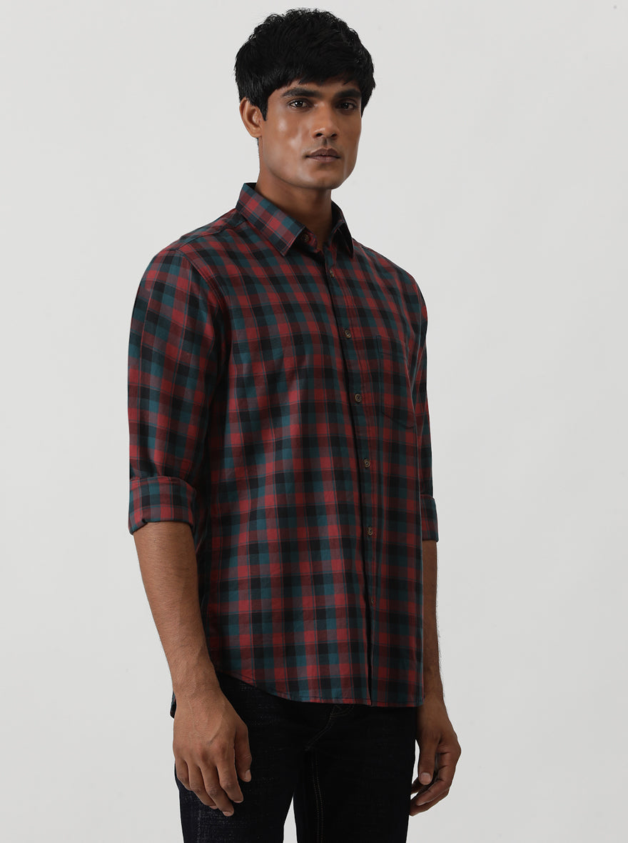 Blue Checked Slim Fit Casual Shirt | Greenfibre