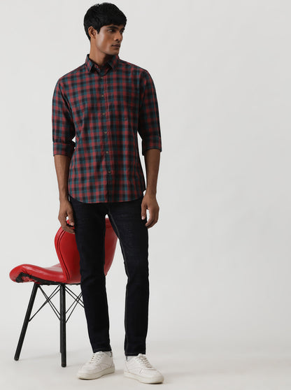 Blue Checked Slim Fit Casual Shirt | Greenfibre