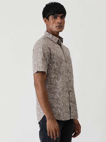 Brown Printed Slim Fit Casual Shirt | Greenfibre