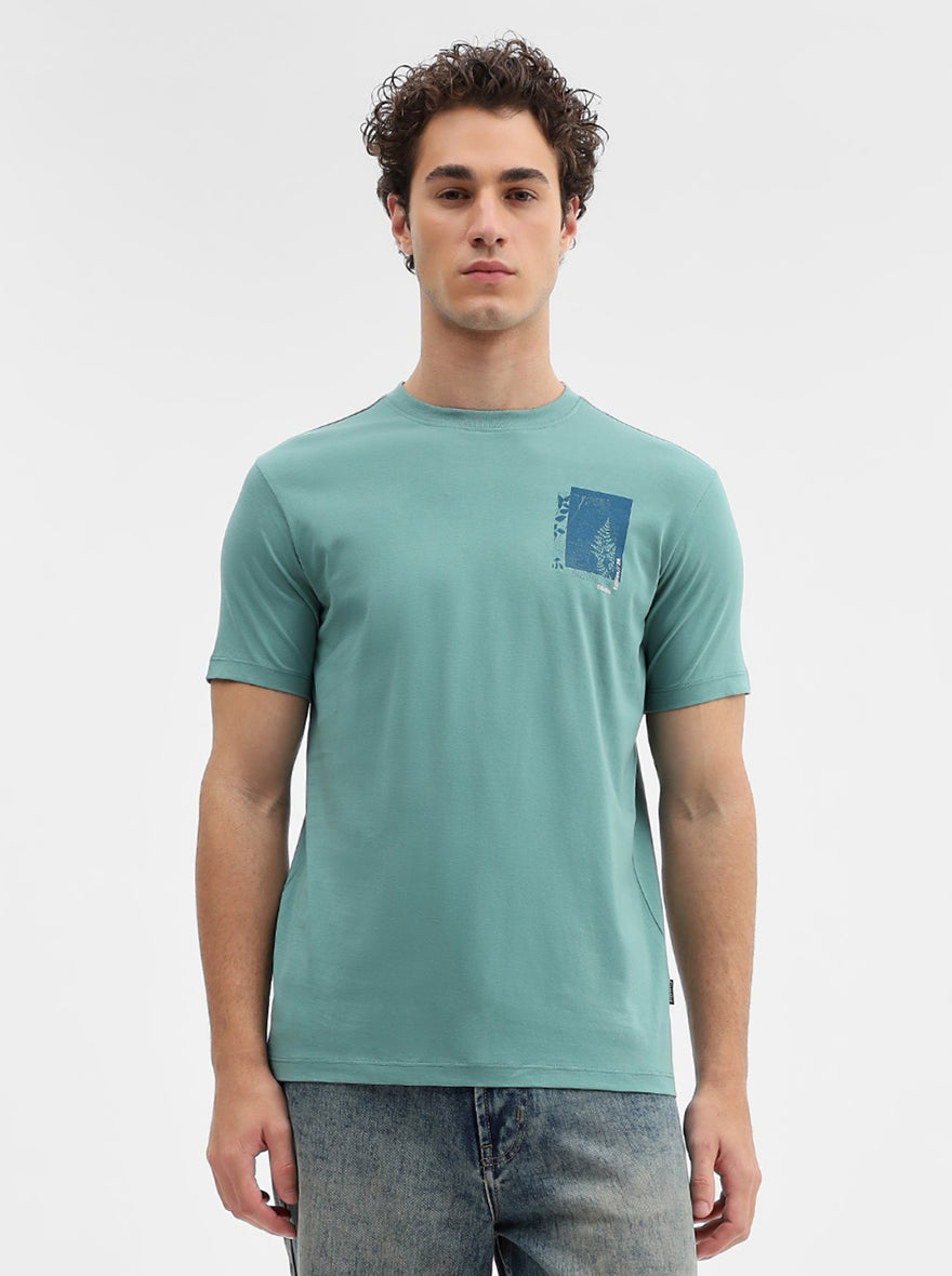 Sage Green Printed Slim Fit T-Shirt | Greenfibre