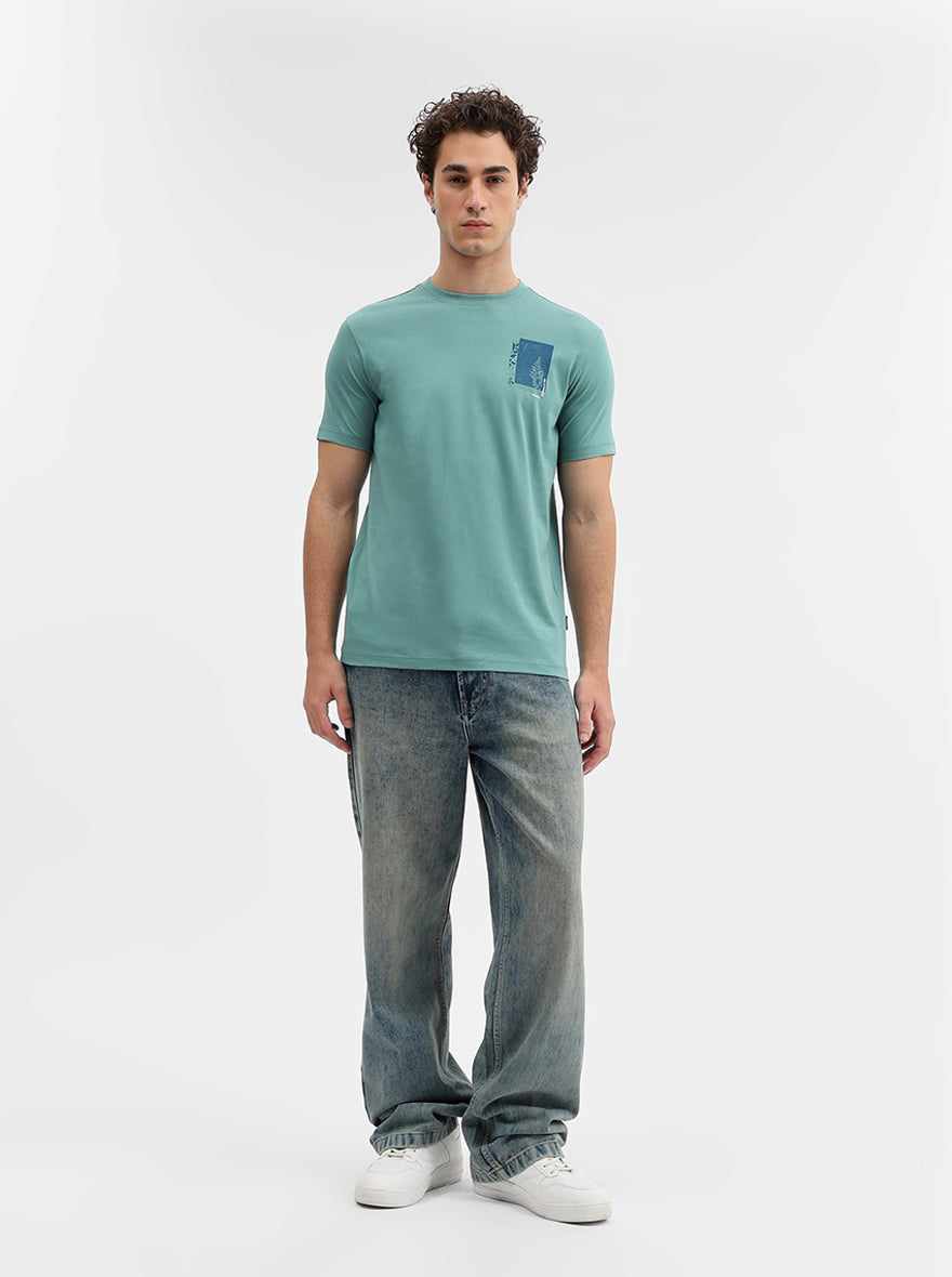 Sage Green Printed Slim Fit T-Shirt | Greenfibre