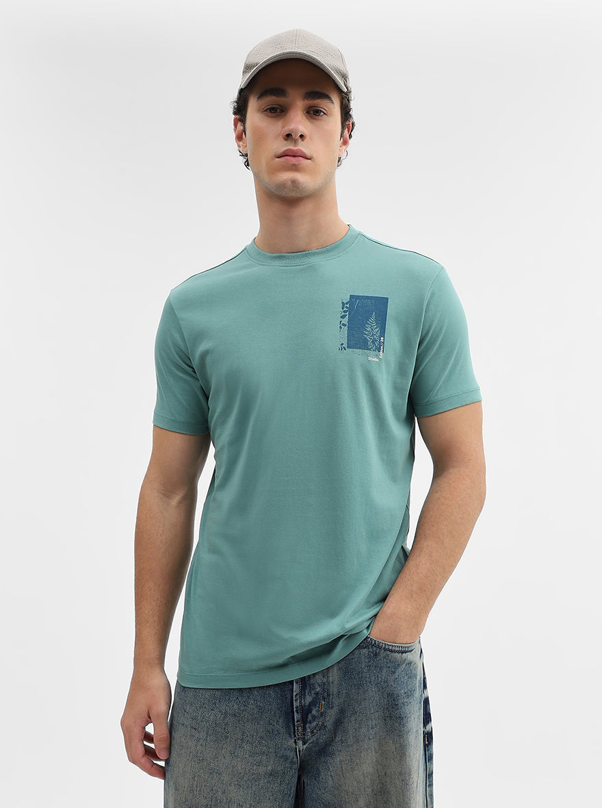 Sage Green Printed Slim Fit T-Shirt | Greenfibre