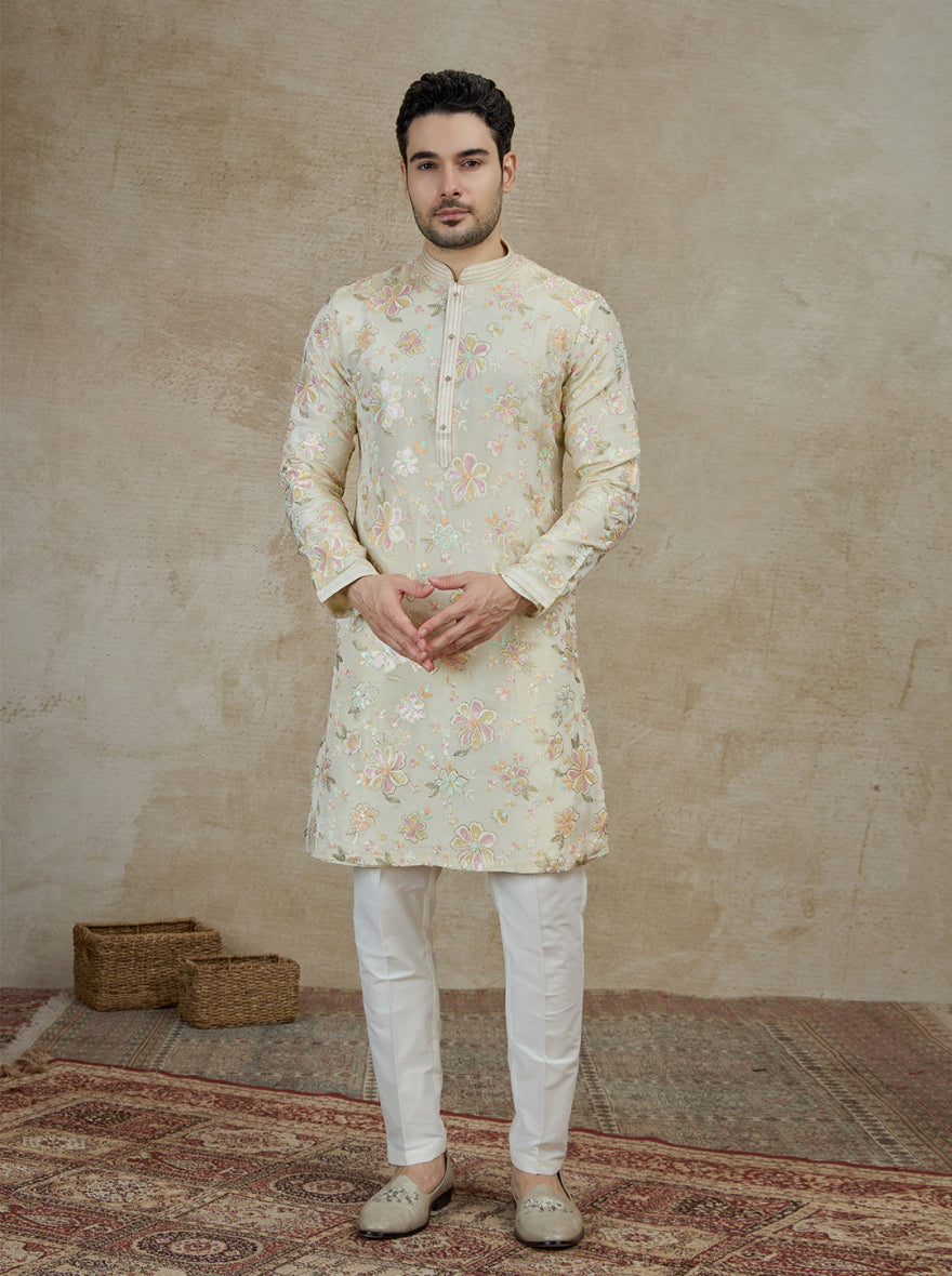 Beige Embroidered Kurta Pajama | Virasana