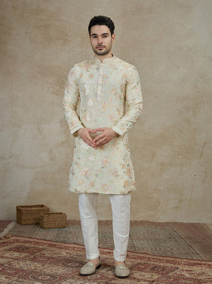 Beige Embroidered Kurta Pajama | Virasana