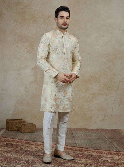 Beige Embroidered Kurta Pajama | Virasana