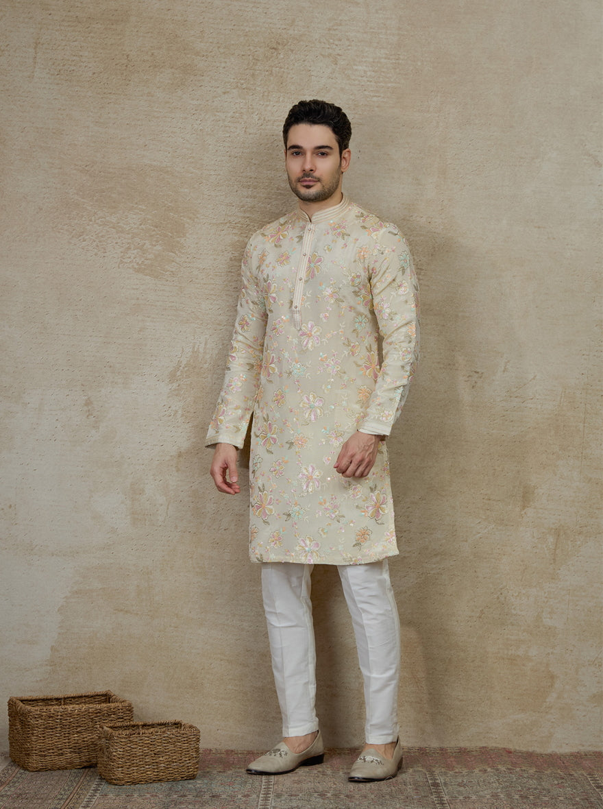 Beige Embroidered Kurta Pajama | Virasana