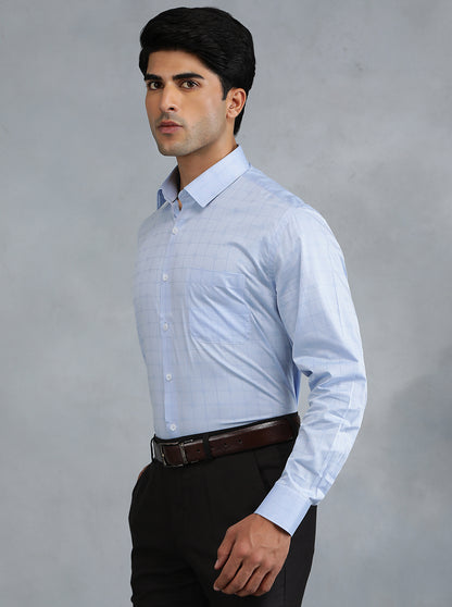 Light Blue Checked Regular Fit Formal Shirt | JadeBlue