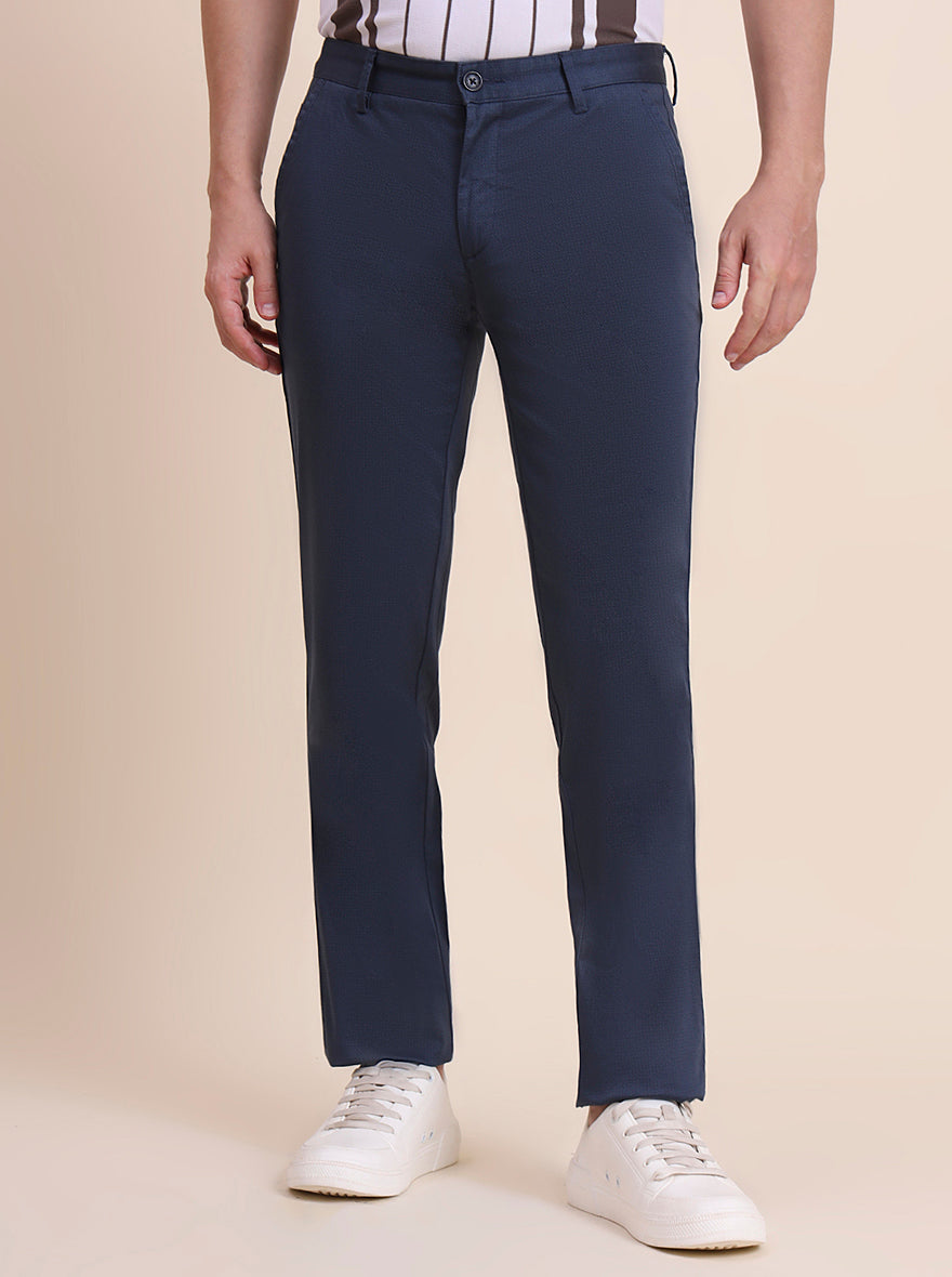 Navy Blue Printed Uno Fit Casual Trouser | JadeBlue