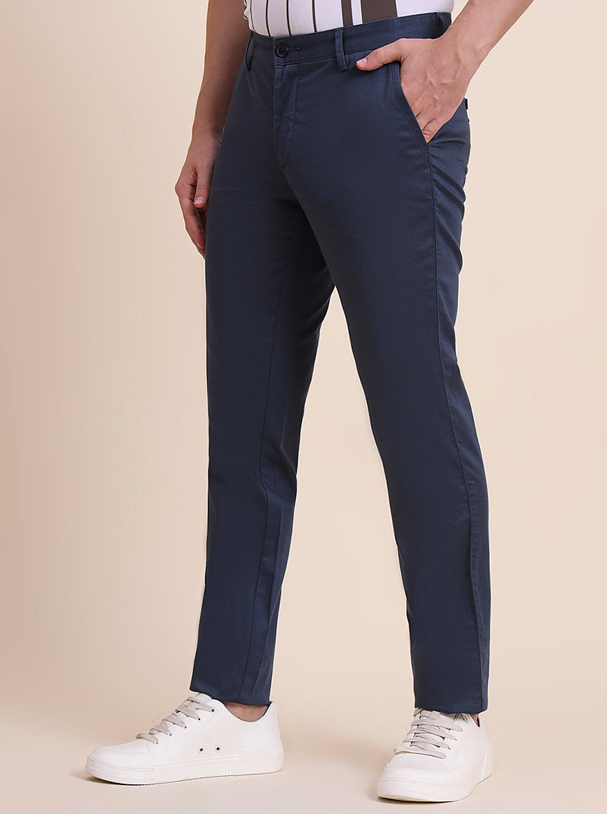 Navy Blue Printed Uno Fit Casual Trouser | JadeBlue