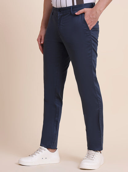 Navy Blue Printed Uno Fit Casual Trouser | JadeBlue