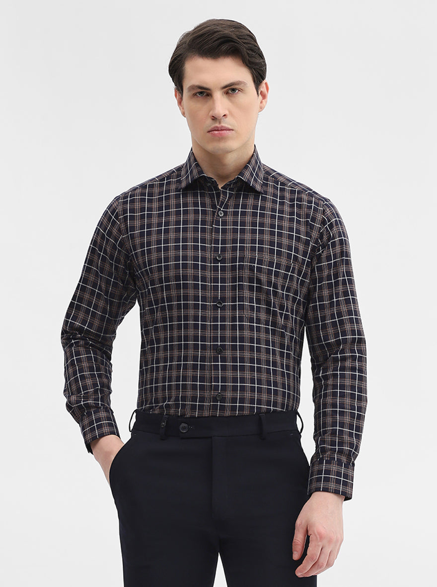 Navy Blue Checked Slim Fit Formal Shirt | Metal