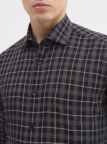 Navy Blue Checked Slim Fit Formal Shirt | Metal