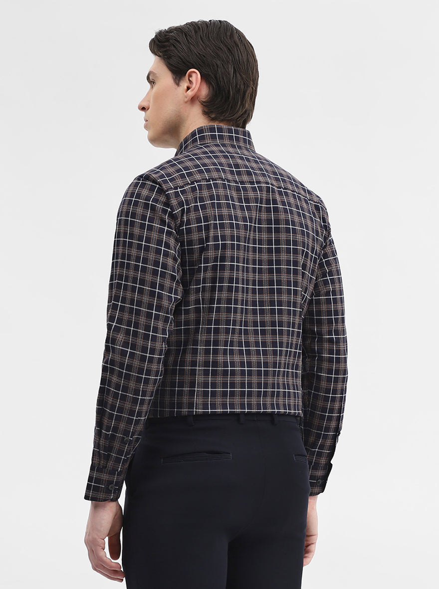 Navy Blue Checked Slim Fit Formal Shirt | Metal