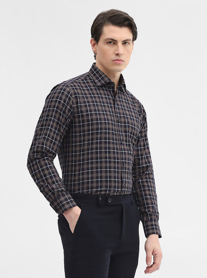 Navy Blue Checked Slim Fit Formal Shirt | Metal