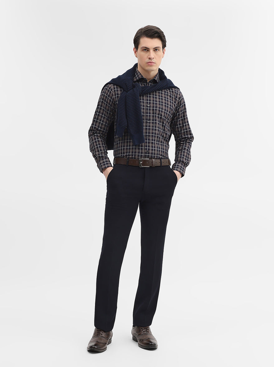 Navy Blue Checked Slim Fit Formal Shirt | Metal