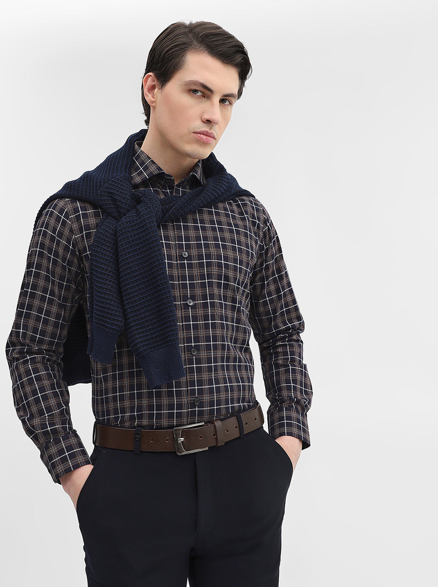 Navy Blue Checked Slim Fit Formal Shirt | Metal