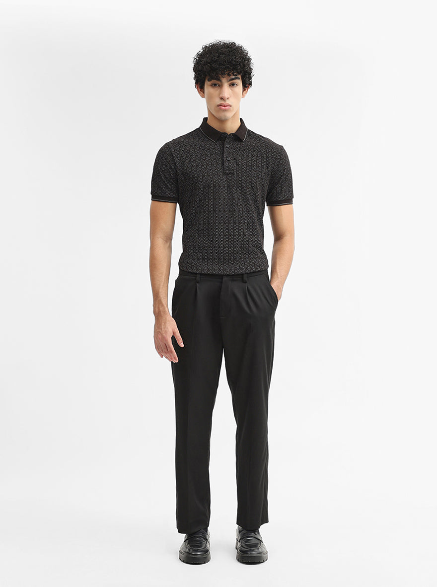 Black Printed Slim Fit Polo T-Shirt | JadeBlue
