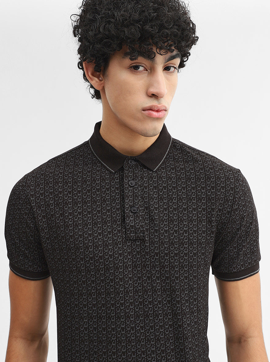 Black Printed Slim Fit Polo T-Shirt | JadeBlue