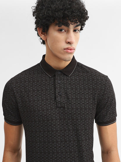 Black Printed Slim Fit Polo T-Shirt | JadeBlue